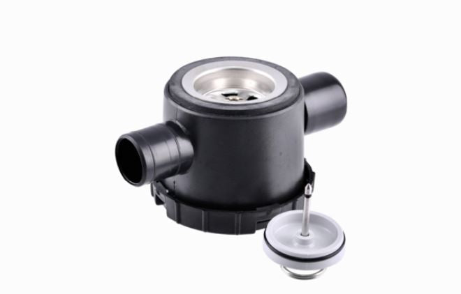 Siphon schwarz 39mm mit 2 Zugängen Ablauf Stöpsel mit Stift Rohrsystem 72840p NEU