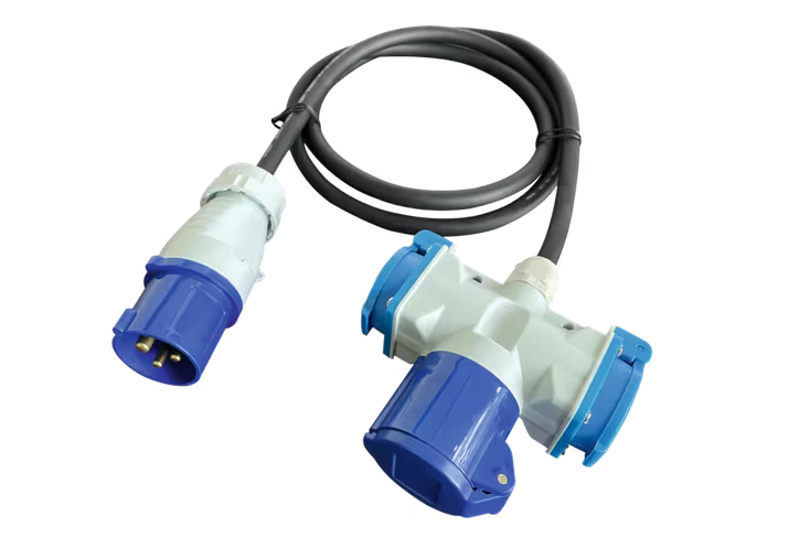 Adapterkabel 1,5m 230 V CEE Stecker, CEE Kupplung, 2x Schukokupplung 81451p NEU