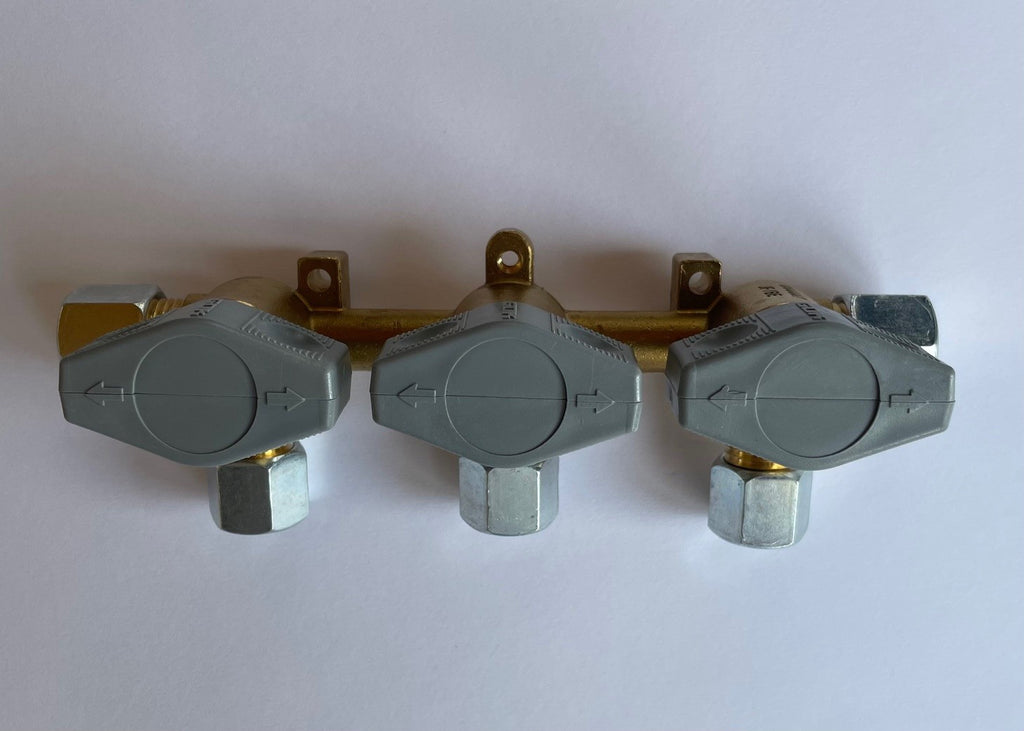 Gas Verteilerblock GOK Gasventil 10mm 3 Abgänge f. 8mm Rohr Gashahn 310f297 NEU