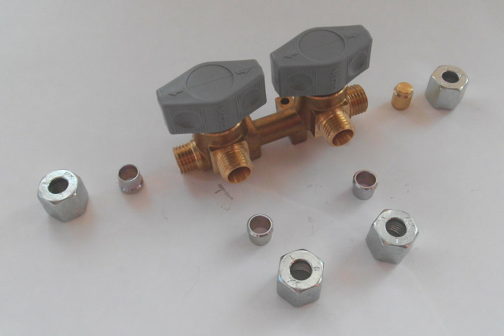 Gas Verteilerblock GOK gr Gasventil 2 Abgänge 8mm Gasrohr+Aufkleber 310f290 NEU