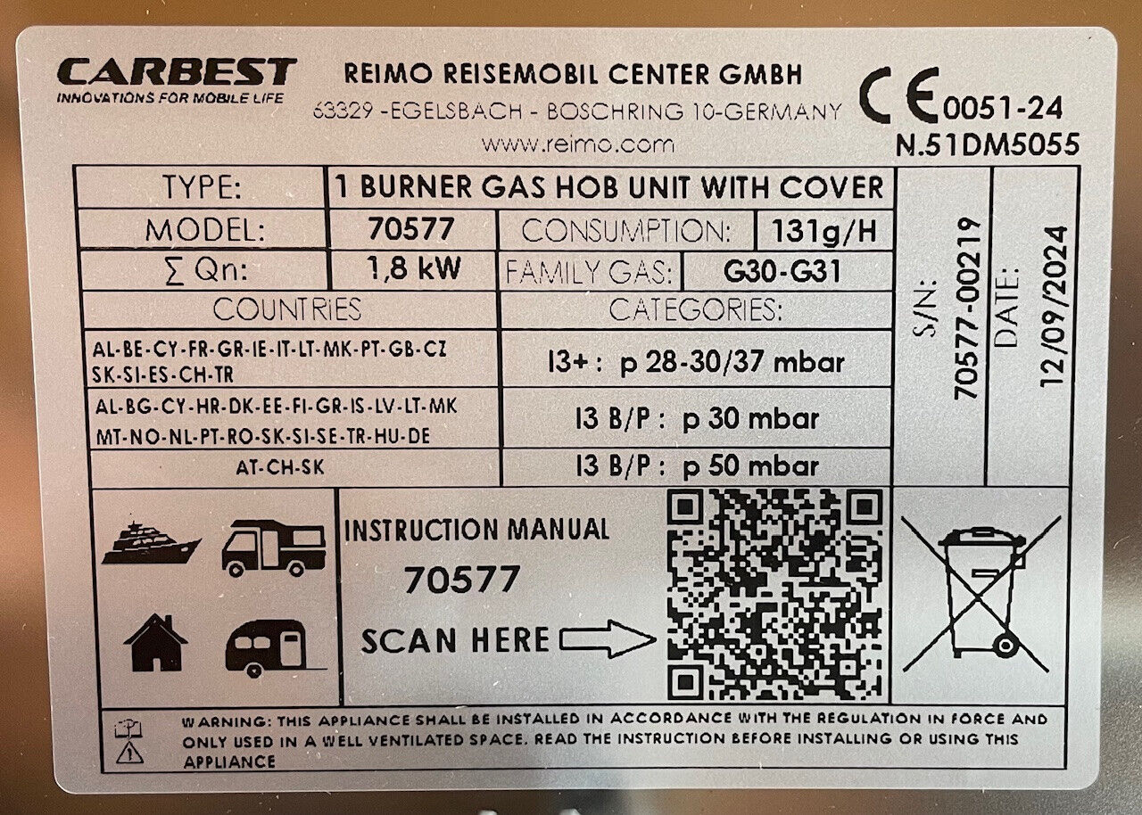 1 Flamm Gas Kocher Carbest Glasabdeckung Edelstahl 30mbar Wohnmobil 70577r NEU