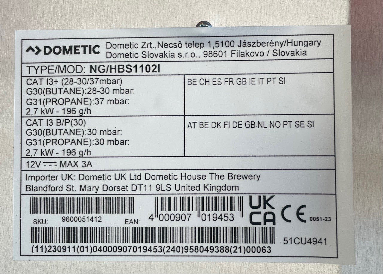 2 Fl. Kocher+Spüle NG/HBS1102I Dometic Glasabdeckung f. Wohnmobil 30mbar 71366Lg