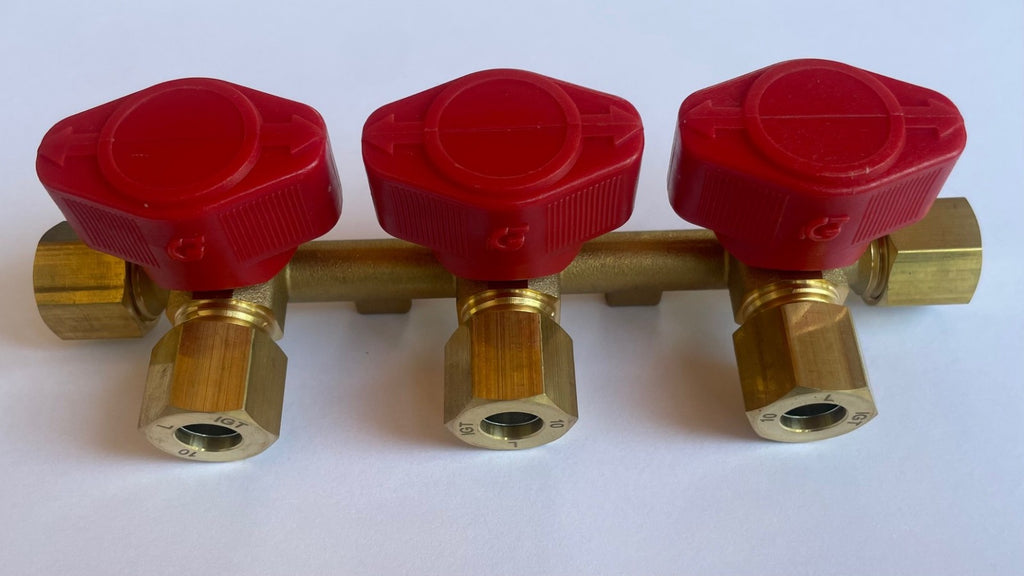 Gas Verteilerblock Messing Gasventil 3 Abgänge für 10mm Rohr Gashahn 70163Lg NEU