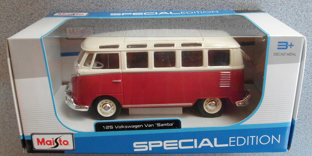 Spielzeug VW Bus T1 Bulli Samba M 1:25 rot/weiß Metallspritzguss 67133f NEU