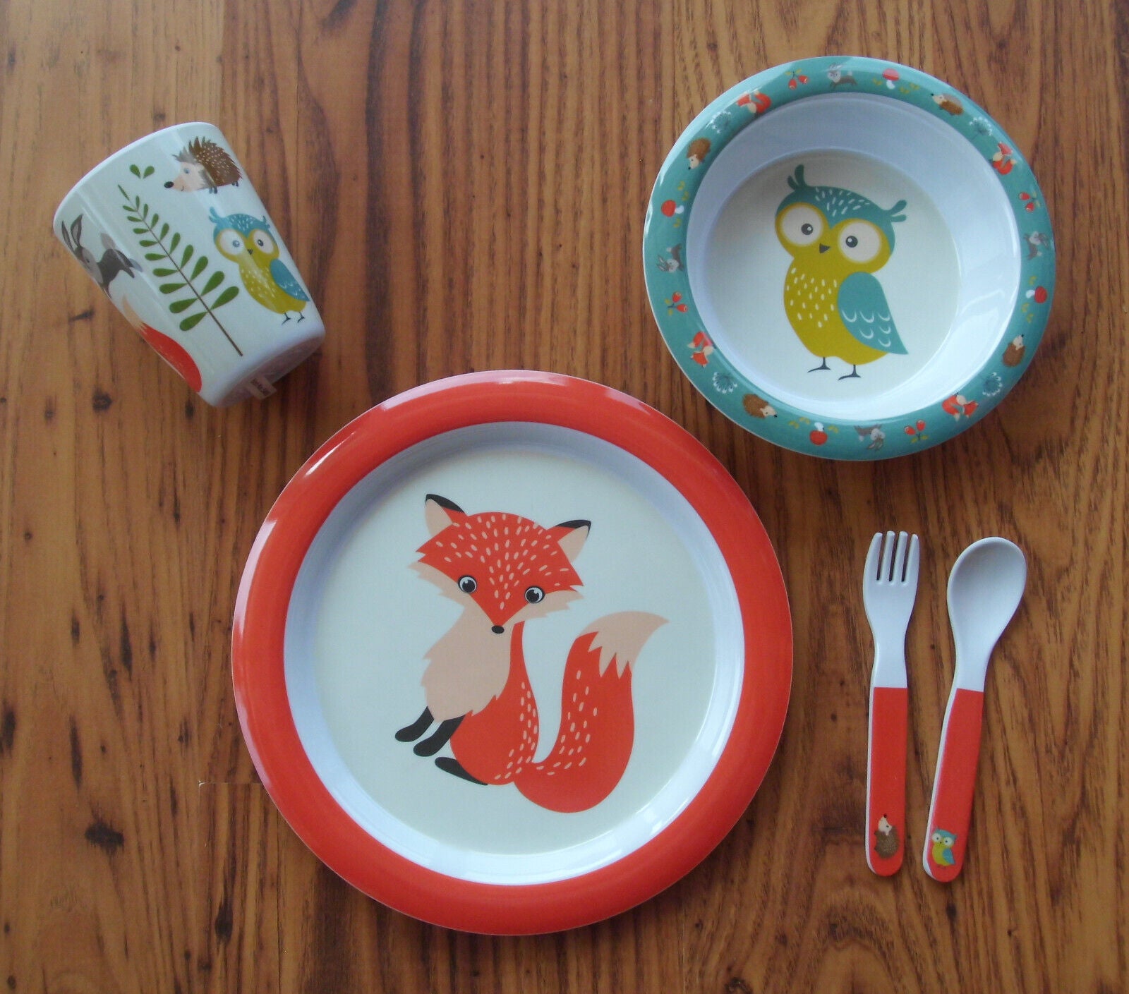 Kinder Geschirr Set Melamin 5teilig Tiere Woodland Creatures Camping 514323b NEU