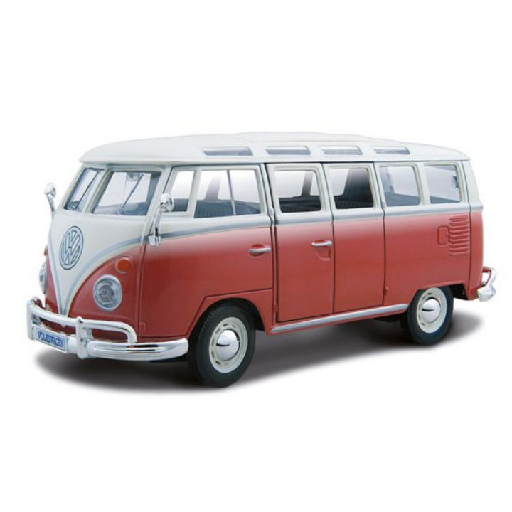 Spielzeug VW Bus T1 Bulli Samba M 1:25 rot/weiß Metallspritzguss 67133f NEU
