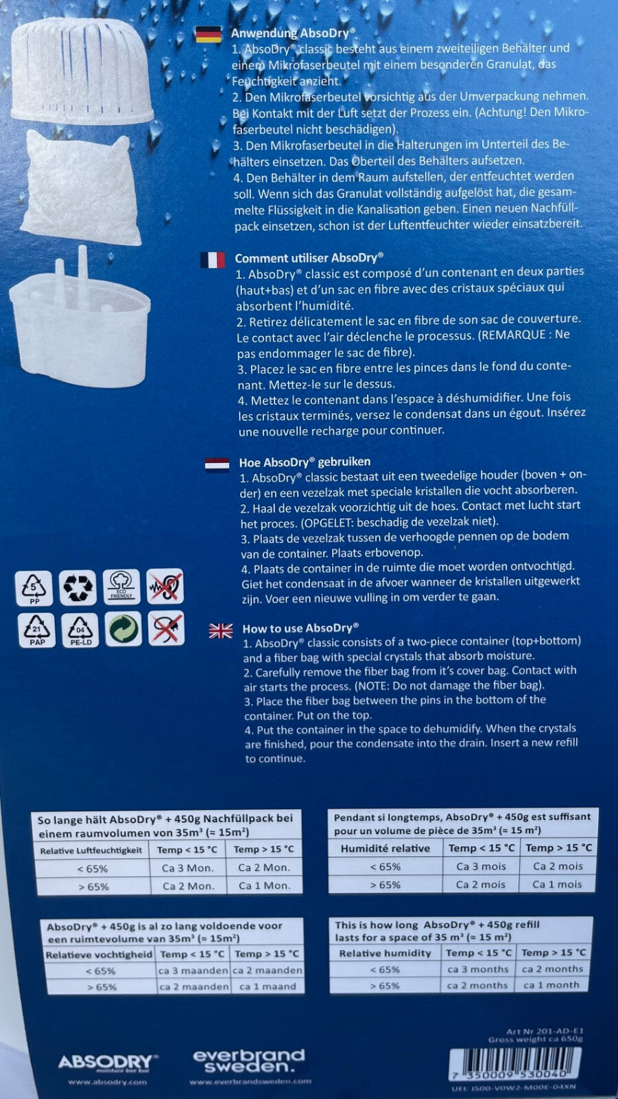 Luftentfeuchter Box Absodry bis 35m³ inkl. 450g Granulat Beutel 452f220 NEU