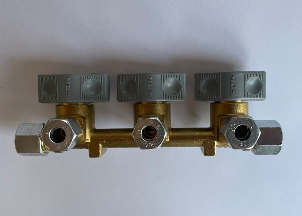 Gas Verteilerblock GOK Gasventil 10mm 3 Abgänge f. 8mm Rohr Gashahn 310f297 NEU