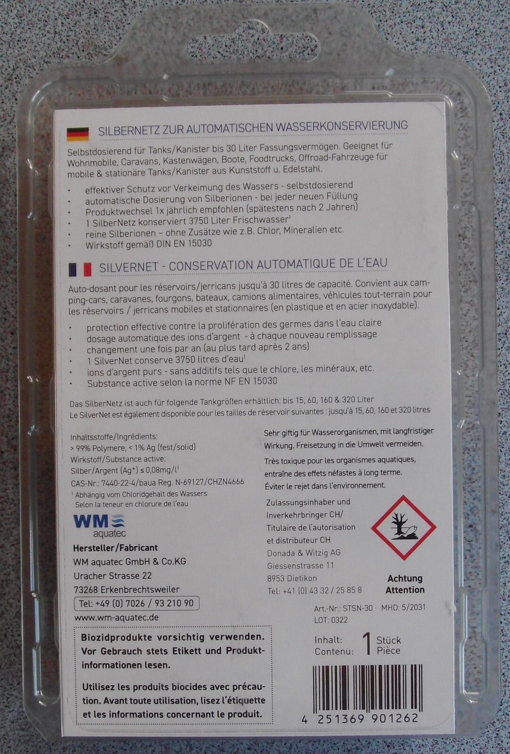 WM aquatec Silbernetz Verkeimungsschutz bis 30 Liter Wassertank 353020b NEU