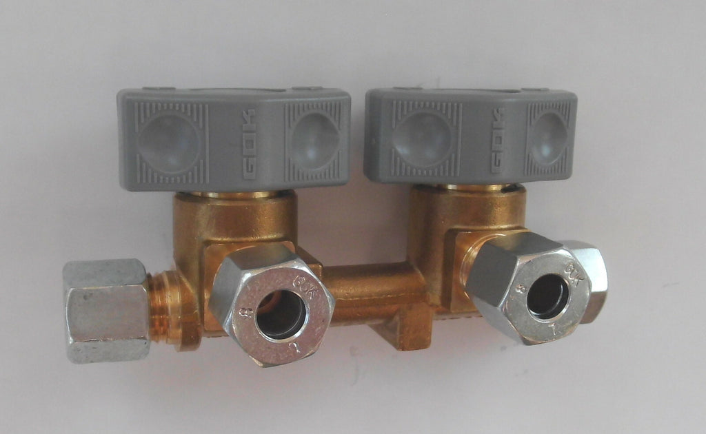 Gas Verteilerblock GOK gr Gasventil 2 Abgänge 8mm Gasrohr+Aufkleber 310f290 NEU