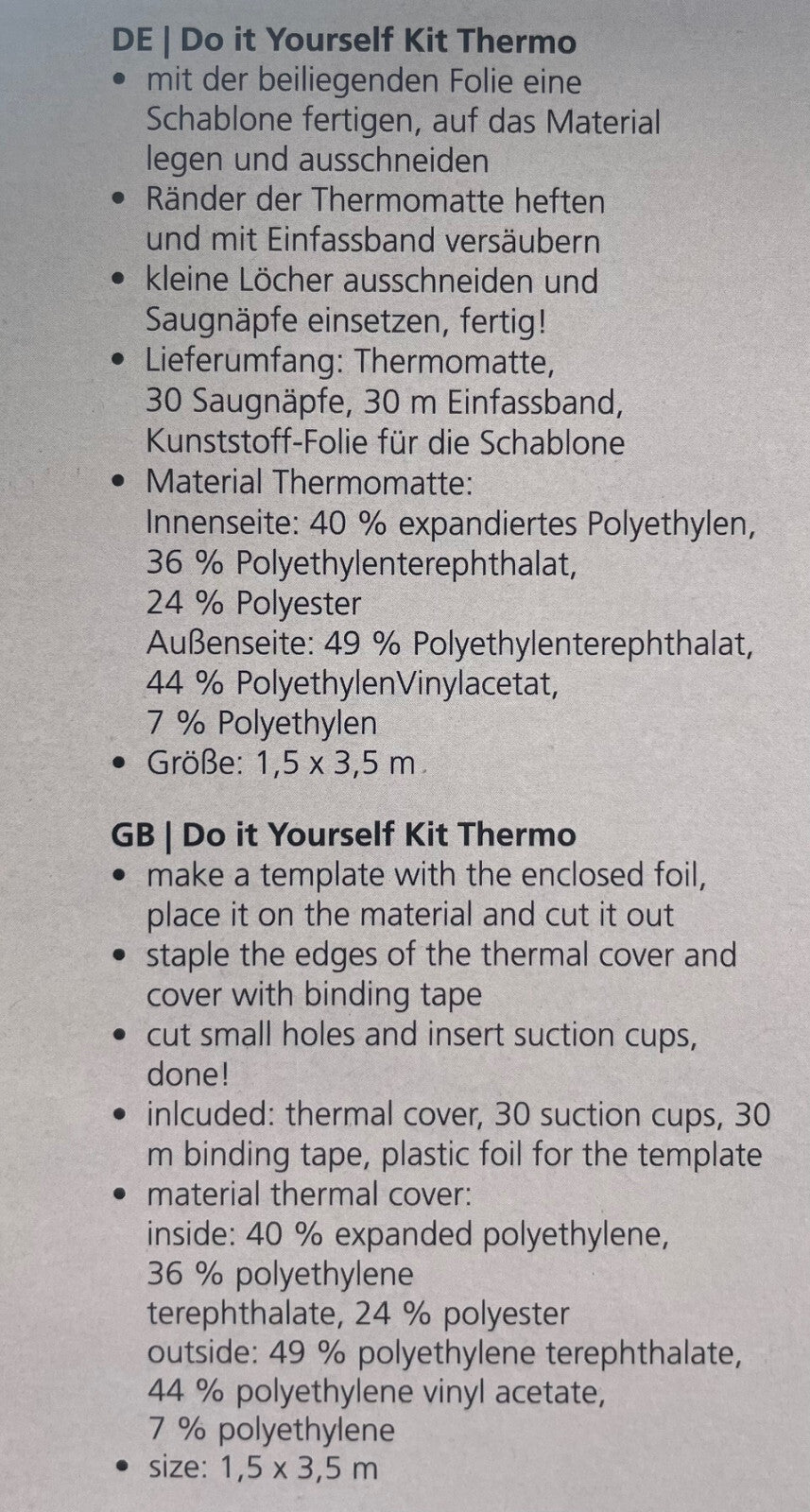 Thermomatte Kit Isoliermatte Selbstbausatz Sauger für innen DIY 37285r NEU
