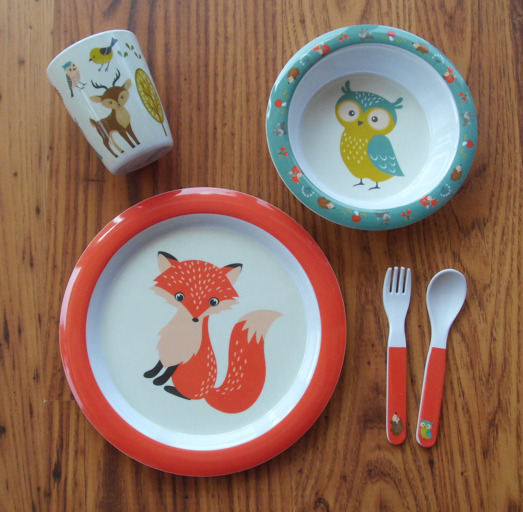 Kinder Geschirr Set Melamin 5teilig Tiere Woodland Creatures Camping 514323b NEU