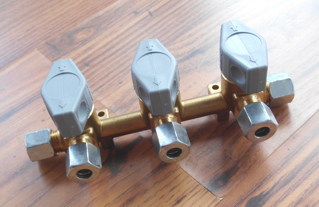 Gas Verteilerblock GOK grau Gasventil 3 Abgänge f. 8mm Rohr, Gashahn 310f292 NEU